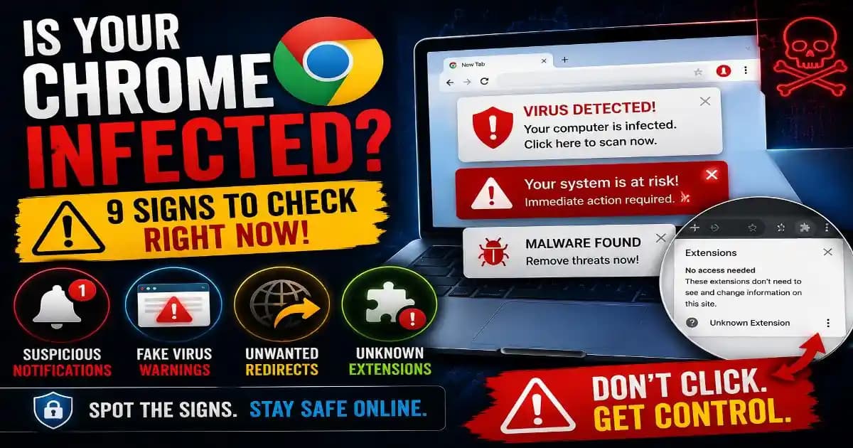 Chrome browser hijacking signs showing virus warnings redirects and suspicious notifications