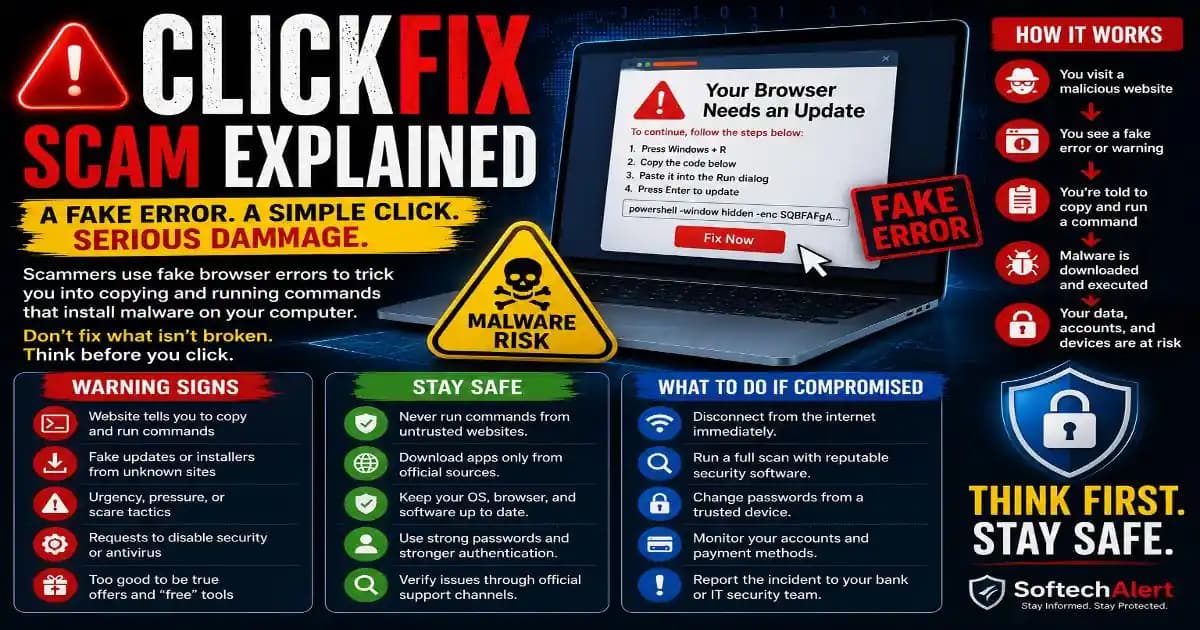 ClickFix scam explained with fake browser error and malware warning