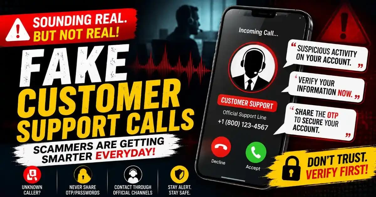 Fake customer support scam caller pretending to be a bank and telecom representative on a smartphone