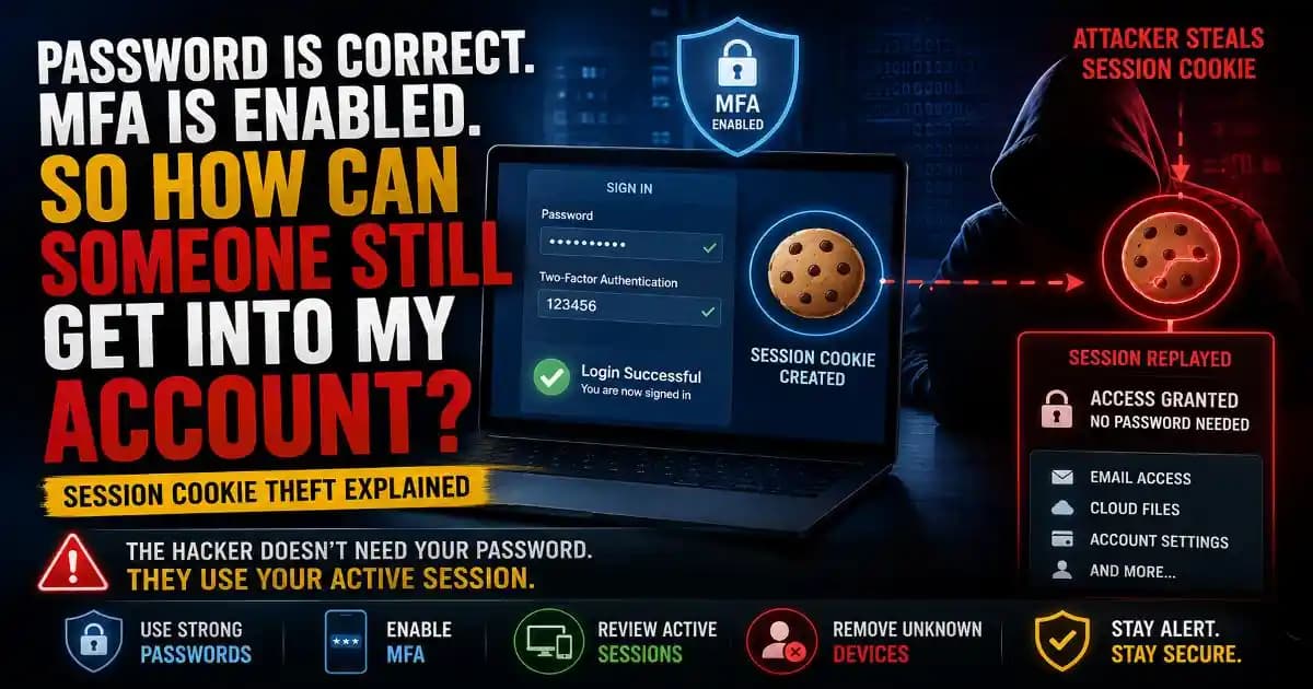 Session cookie theft showing how hackers can access an account after MFA