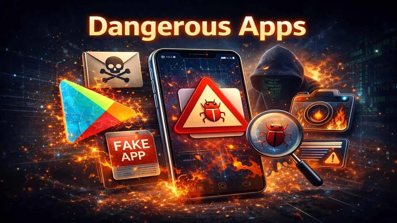 Dangerous mobile apps warning showing malware bug inside smartphone