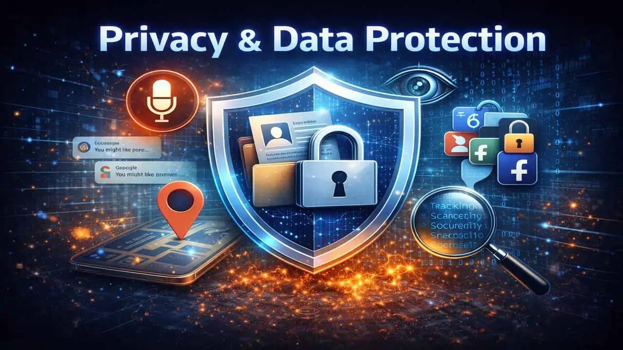 Digital privacy and data protection concept showing shield lock protecting personal data
