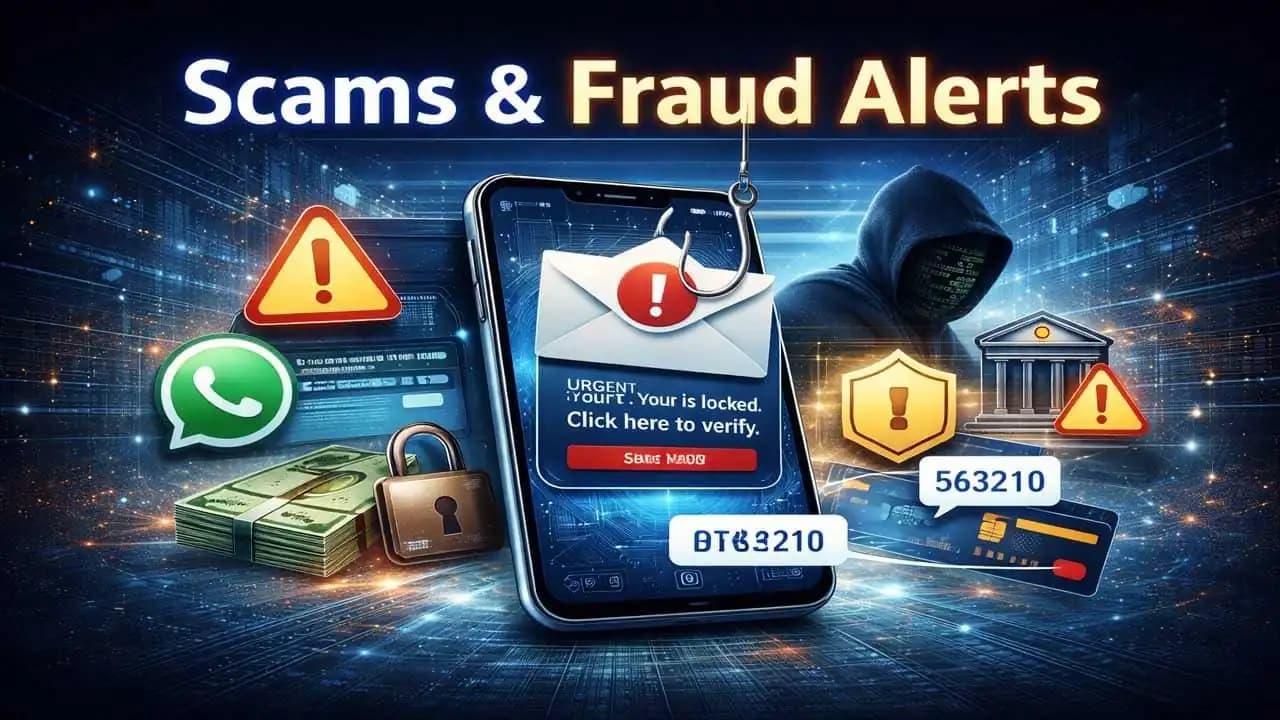 Online scam and fraud alert concept showing phishing message and warning symbol